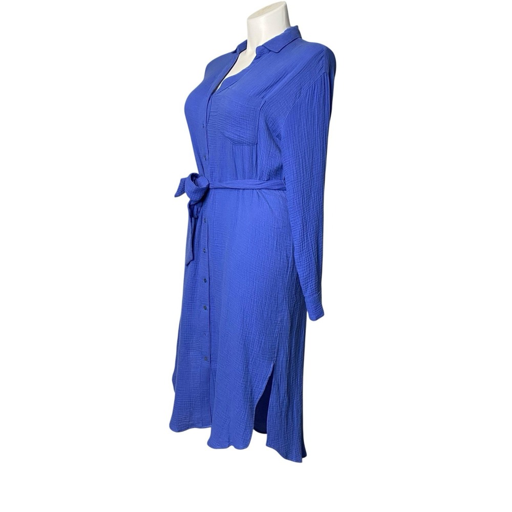 magaschoni Gauze Midi Dress Women Sz M 100% Organic Cotton‎ Belted Button Front